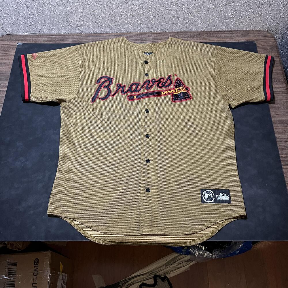 Vintage Atlanta Braves Jersey Mens XL Gold Mesh MLB Baseball Majestic 90s USA